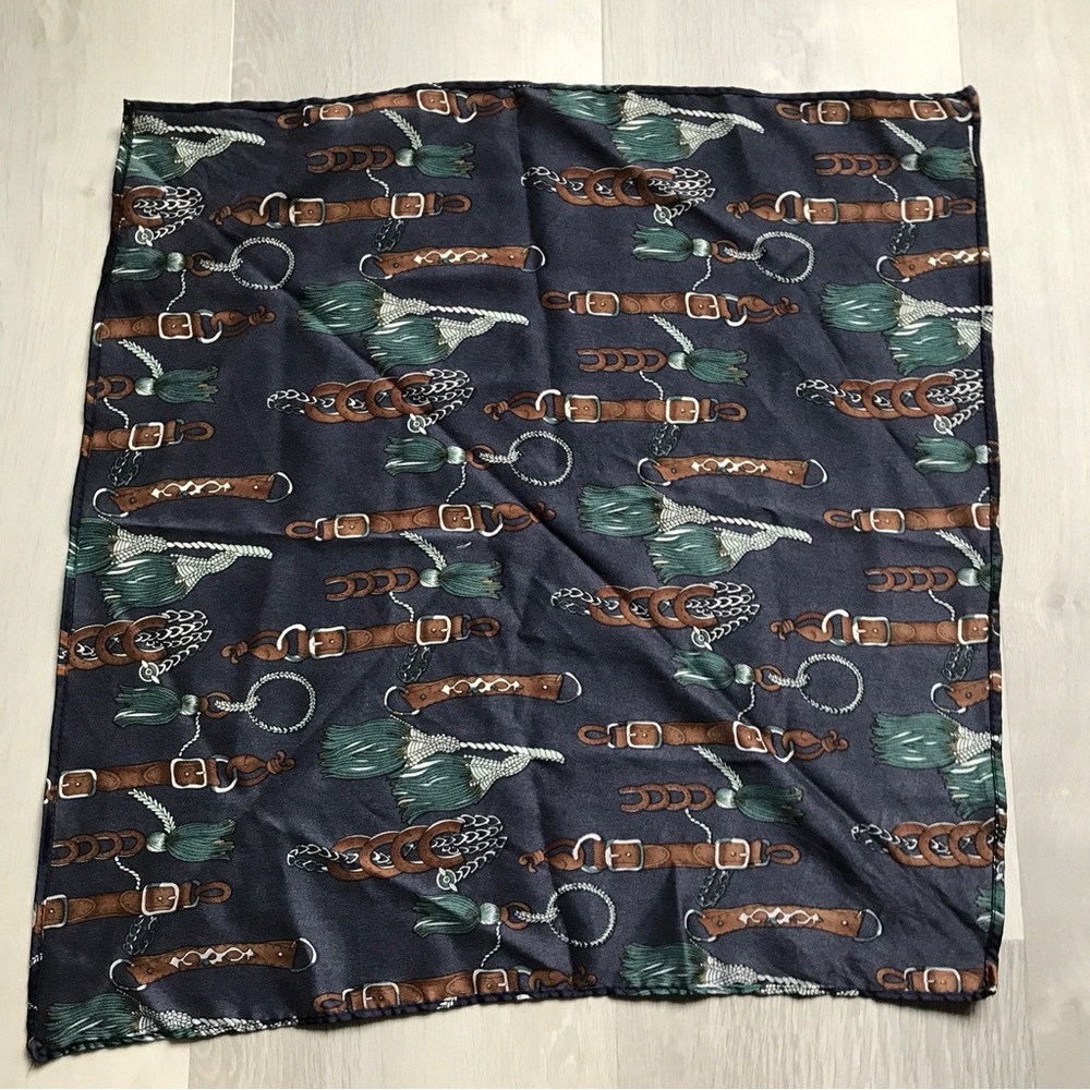 SATIN SQUARE SCARF EQUESTRIAN BELT PRINT NAVY BROWN GREEN